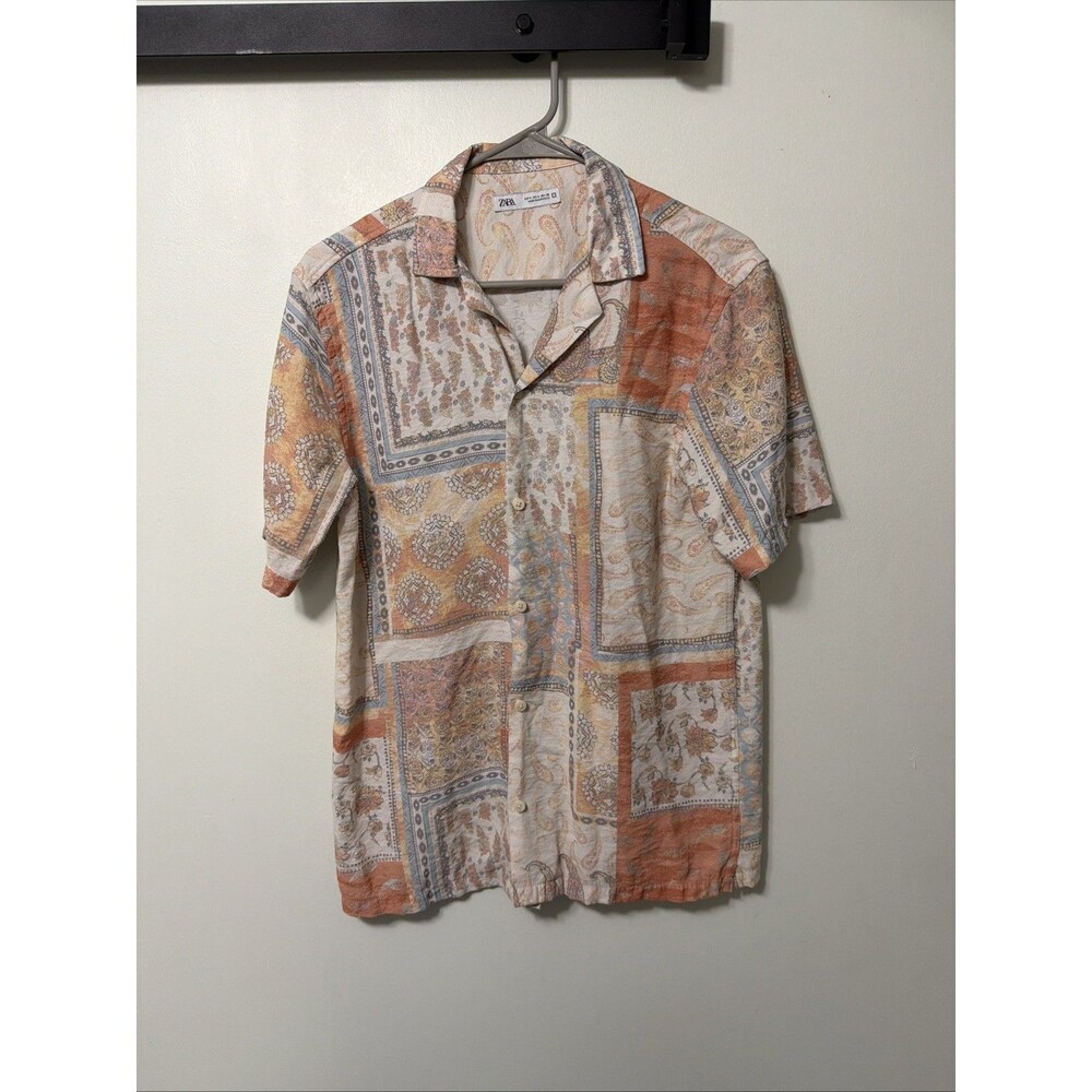 Zara Patchwork Button Down Shirt Size S Paisley Floral Short Sleeve Orange Blue